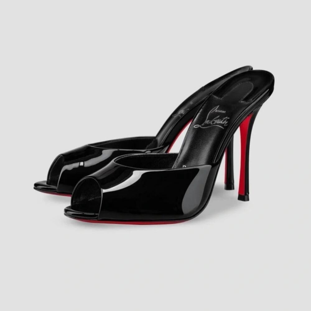 Christian Louboutin Me Dolly 100 Black Patent Peep Toe Mule Heels Size 37
